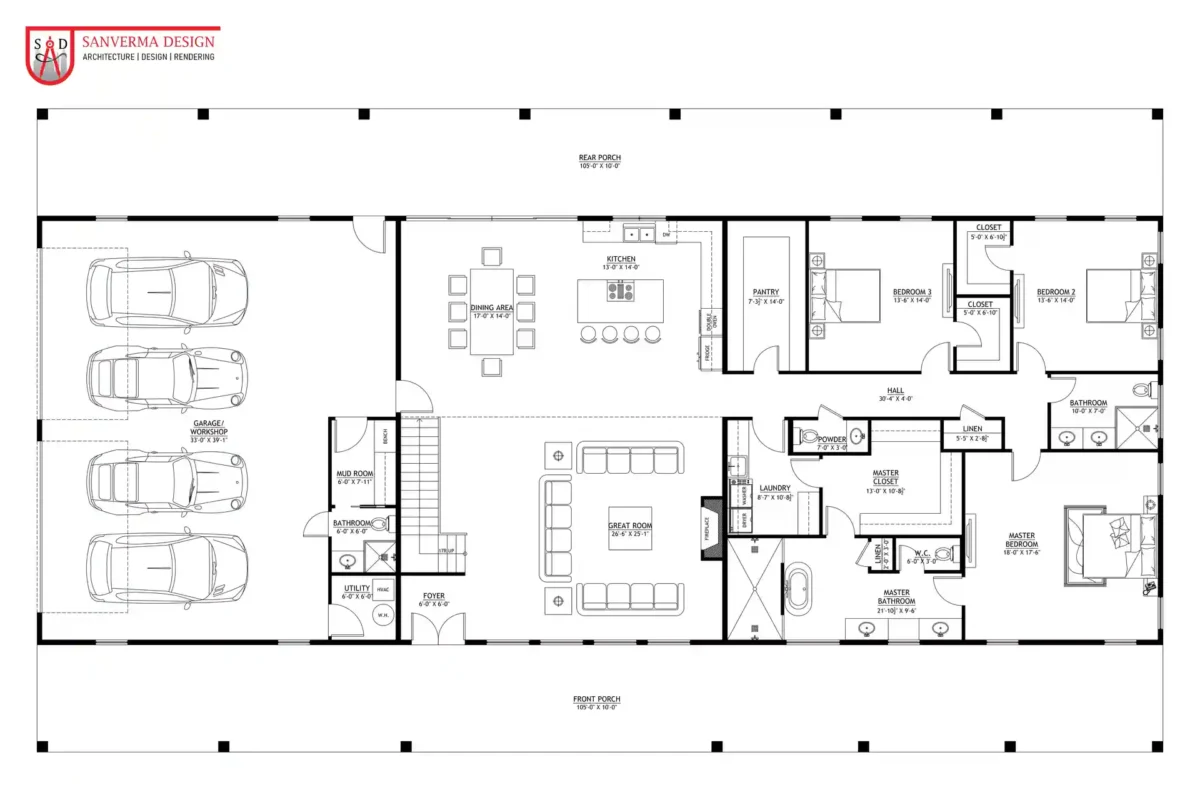 6 bedroom barndominium house plans with Garage