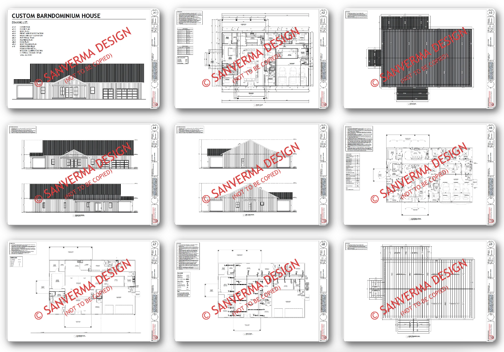 Floor Plan, Roof plan, Exterior Elevations, Electrical, Plumbing, HVAC and Framing Plan