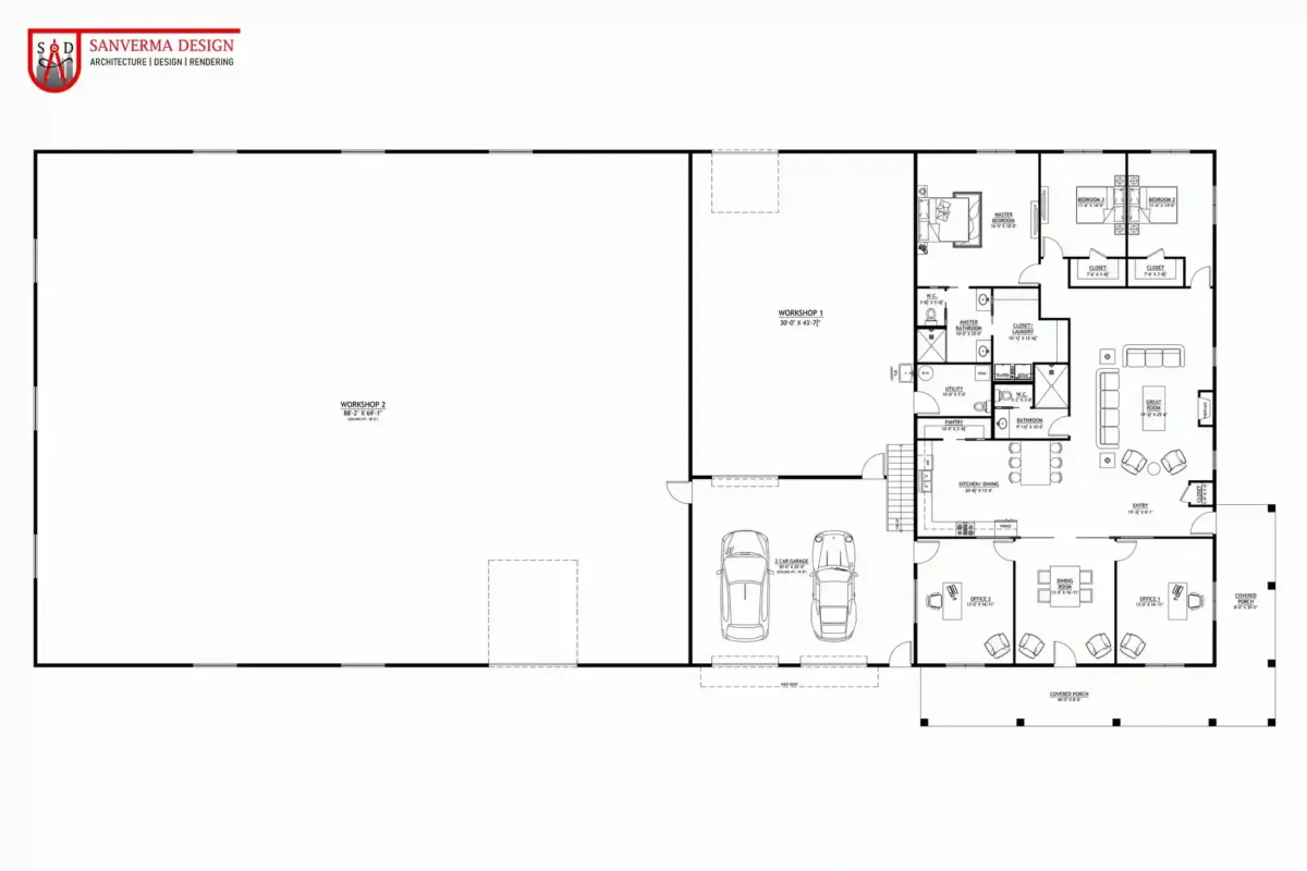 3 bedroom with office barndominium floor plans