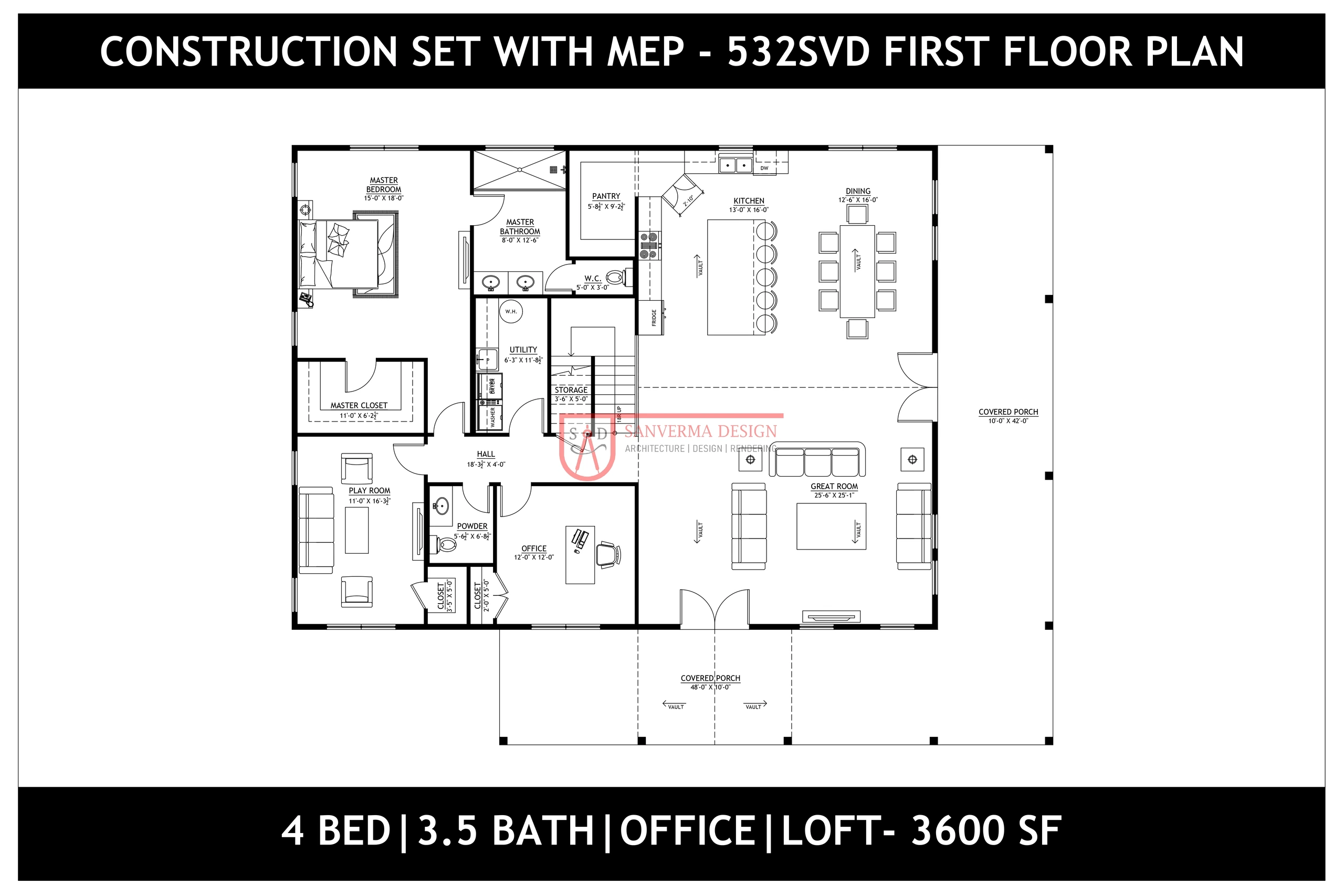 4 Bed 3.5 Bath 3600 Sq Ft Barndominium Floor Plan